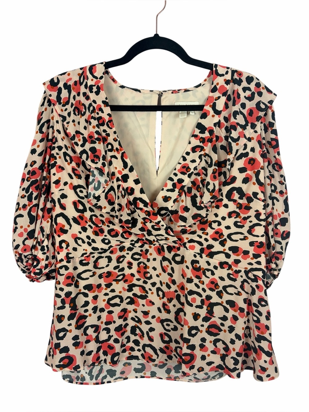 Ted Baker London Leopard Print Ruffle Peplum Blouse Size 4 Pink Black